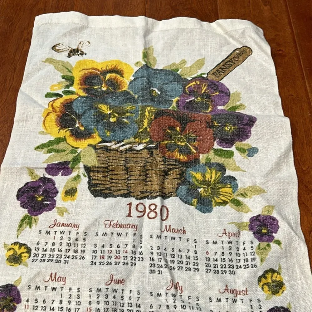 Vintage 1980 calendar with pansies tea towel